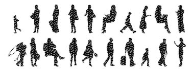 Vektör siluetleri, insanların ana hatları, Contour çizimleri, insanların siluetleri, ikon kümesi izole edilmiş, oturan insanların silueti, mimari set