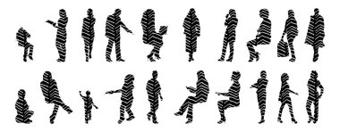 Vektör siluetleri, insanların ana hatları, Contour çizimleri, insanların siluetleri, ikon kümesi izole edilmiş, oturan insanların silueti, mimari set