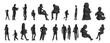 Vektör siluetleri, insanların ana hatları, Contour çizimleri, insanların siluetleri, ikon kümesi izole edilmiş, oturan insanların silueti, mimari set