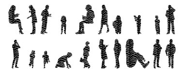 Vektör siluetleri, insanların ana hatları, Contour çizimleri, insanların siluetleri, ikon kümesi izole edilmiş, oturan insanların silueti, mimari set