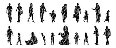 Vektör siluetleri, insanların ana hatları, Contour çizimleri, insanların siluetleri, ikon kümesi izole edilmiş, oturan insanların silueti, mimari set