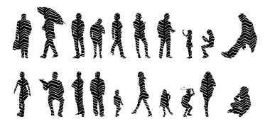 Vektör siluetleri, insanların ana hatları, Contour çizimleri, insanların siluetleri, ikon kümesi izole edilmiş, oturan insanların silueti, mimari set
