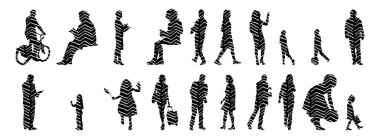 Vektör siluetleri, insanların ana hatları, Contour çizimleri, insanların siluetleri, ikon kümesi izole edilmiş, oturan insanların silueti, mimari set