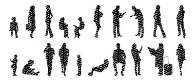 Vektör siluetleri, insanların ana hatları, Contour çizimleri, insanların siluetleri, ikon kümesi izole edilmiş, oturan insanların silueti, mimari set