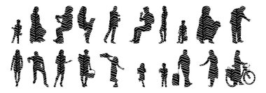 Vektör siluetleri, insanların ana hatları, Contour çizimleri, insanların siluetleri, ikon kümesi izole edilmiş, oturan insanların silueti, mimari set