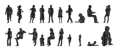 Vektör siluetleri, insanların ana hatları, Contour çizimleri, insanların siluetleri, ikon kümesi izole edilmiş, oturan insanların silueti, mimari set