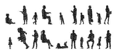 Vektör siluetleri, insanların ana hatları, Contour çizimleri, insanların siluetleri, ikon kümesi izole edilmiş, oturan insanların silueti, mimari set