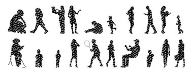 Vektör siluetleri, insanların ana hatları, Contour çizimleri, insanların siluetleri, ikon kümesi izole edilmiş, oturan insanların silueti, mimari set