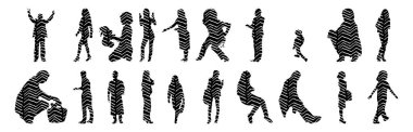 Vektör siluetleri, insanların ana hatları, Contour çizimleri, insanların siluetleri, ikon kümesi izole edilmiş, oturan insanların silueti, mimari set
