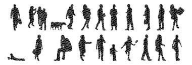 Vektör siluetleri, insanların ana hatları, Contour çizimleri, insanların siluetleri, ikon kümesi izole edilmiş, oturan insanların silueti, mimari set