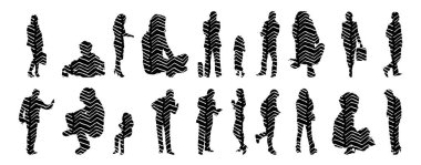 Vektör siluetleri, insanların ana hatları, Contour çizimleri, insanların siluetleri, ikon kümesi izole edilmiş, oturan insanların silueti, mimari set