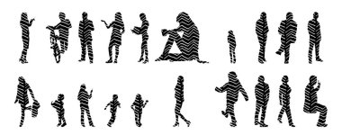 Vektör siluetleri, insanların ana hatları, Contour çizimleri, insanların siluetleri, ikon kümesi izole edilmiş, oturan insanların silueti, mimari set