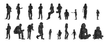 Vektör siluetleri, insanların ana hatları, Contour çizimleri, insanların siluetleri, ikon kümesi izole edilmiş, oturan insanların silueti, mimari set