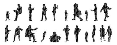 Vektör siluetleri, insanların ana hatları, Contour çizimleri, insanların siluetleri, ikon kümesi izole edilmiş, oturan insanların silueti, mimari set