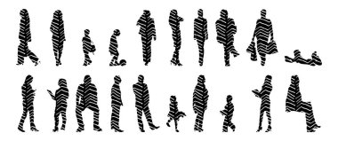 Vektör siluetleri, insanların ana hatları, Contour çizimleri, insanların siluetleri, ikon kümesi izole edilmiş, oturan insanların silueti, mimari set