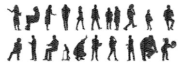 Vektör siluetleri, insanların ana hatları, Contour çizimleri, insanların siluetleri, ikon kümesi izole edilmiş, oturan insanların silueti, mimari set
