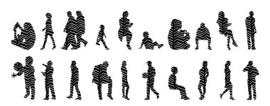 Vektör siluetleri, insanların ana hatları, Contour çizimleri, insanların siluetleri, ikon kümesi izole edilmiş, oturan insanların silueti, mimari set