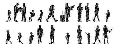 Vektör siluetleri, insanların ana hatları, Contour çizimleri, insanların siluetleri, ikon kümesi izole edilmiş, oturan insanların silueti, mimari set