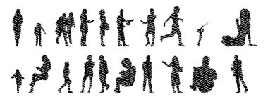 Vektör siluetleri, insanların ana hatları, Contour çizimleri, insanların siluetleri, ikon kümesi izole edilmiş, oturan insanların silueti, mimari set