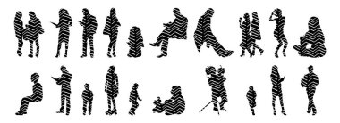 Vektör siluetleri, insanların ana hatları, Contour çizimleri, insanların siluetleri, ikon kümesi izole edilmiş, oturan insanların silueti, mimari set