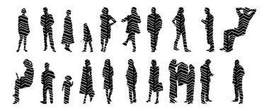 Vektör siluetleri, insanların ana hatları, Contour çizimleri, insanların siluetleri, ikon kümesi izole edilmiş, oturan insanların silueti, mimari set