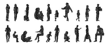 Vektör siluetleri, insanların ana hatları, Contour çizimleri, insanların siluetleri, ikon kümesi izole edilmiş, oturan insanların silueti, mimari set