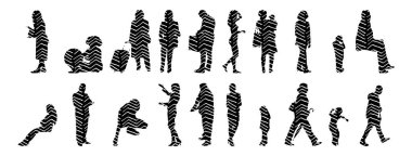 Vektör siluetleri, insanların ana hatları, Contour çizimleri, insanların siluetleri, ikon kümesi izole edilmiş, oturan insanların silueti, mimari set