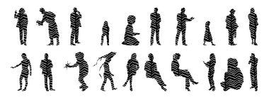 Vektör siluetleri, insanların ana hatları, Contour çizimleri, insanların siluetleri, ikon kümesi izole edilmiş, oturan insanların silueti, mimari set