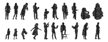 Vektör siluetleri, insanların ana hatları, Contour çizimleri, insanların siluetleri, ikon kümesi izole edilmiş, oturan insanların silueti, mimari set