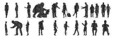 Vektör siluetleri, insanların ana hatları, Contour çizimleri, insanların siluetleri, ikon kümesi izole edilmiş, oturan insanların silueti, mimari set