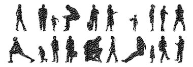Vektör siluetleri, insanların ana hatları, Contour çizimleri, insanların siluetleri, ikon kümesi izole edilmiş, oturan insanların silueti, mimari set