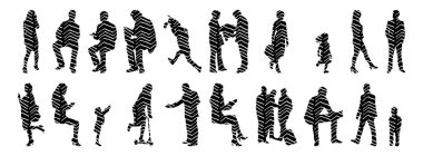 Vektör siluetleri, insanların ana hatları, Contour çizimleri, insanların siluetleri, ikon kümesi izole edilmiş, oturan insanların silueti, mimari set