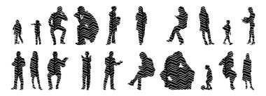 Vektör siluetleri, insanların ana hatları, Contour çizimleri, insanların siluetleri, ikon kümesi izole edilmiş, oturan insanların silueti, mimari set