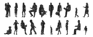 Vektör siluetleri, insanların ana hatları, Contour çizimleri, insanların siluetleri, ikon kümesi izole edilmiş, oturan insanların silueti, mimari set