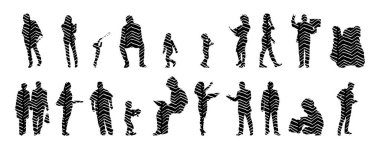 Vektör siluetleri, insanların ana hatları, Contour çizimleri, insanların siluetleri, ikon kümesi izole edilmiş, oturan insanların silueti, mimari set