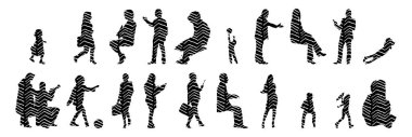 Vektör siluetleri, insanların ana hatları, Contour çizimleri, insanların siluetleri, ikon kümesi izole edilmiş, oturan insanların silueti, mimari set
