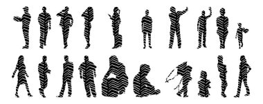 Vektör siluetleri, insanların ana hatları, Contour çizimleri, insanların siluetleri, ikon kümesi izole edilmiş, oturan insanların silueti, mimari set