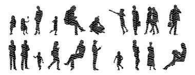 Vektör siluetleri, insanların ana hatları, Contour çizimleri, insanların siluetleri, ikon kümesi izole edilmiş, oturan insanların silueti, mimari set