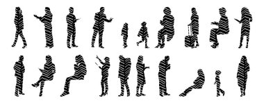 Vektör siluetleri, insanların ana hatları, Contour çizimleri, insanların siluetleri, ikon kümesi izole edilmiş, oturan insanların silueti, mimari set