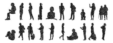 Vektör siluetleri, insanların ana hatları, Contour çizimleri, insanların siluetleri, ikon kümesi izole edilmiş, oturan insanların silueti, mimari set