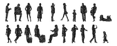 Vektör siluetleri, insanların ana hatları, Contour çizimleri, insanların siluetleri, ikon kümesi izole edilmiş, oturan insanların silueti, mimari set