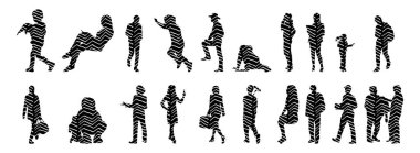 Vektör siluetleri, insanların ana hatları, Contour çizimleri, insanların siluetleri, ikon kümesi izole edilmiş, oturan insanların silueti, mimari set