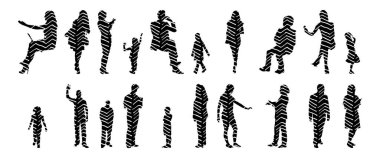 Vektör siluetleri, insanların ana hatları, Contour çizimleri, insanların siluetleri, ikon kümesi izole edilmiş, oturan insanların silueti, mimari set