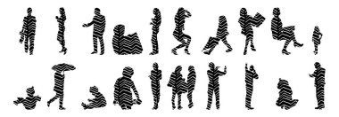 Vektör siluetleri, insanların ana hatları, Contour çizimleri, insanların siluetleri, ikon kümesi izole edilmiş, oturan insanların silueti, mimari set
