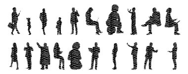 Vektör siluetleri, insanların ana hatları, Contour çizimleri, insanların siluetleri, ikon kümesi izole edilmiş, oturan insanların silueti, mimari set