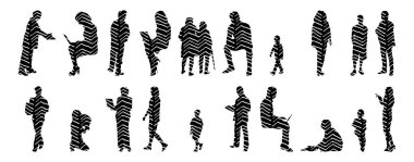 Vektör siluetleri, insanların ana hatları, Contour çizimleri, insanların siluetleri, ikon kümesi izole edilmiş, oturan insanların silueti, mimari set