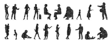 Vektör siluetleri, insanların ana hatları, Contour çizimleri, insanların siluetleri, ikon kümesi izole edilmiş, oturan insanların silueti, mimari set