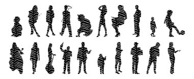 Vektör siluetleri, insanların ana hatları, Contour çizimleri, insanların siluetleri, ikon kümesi izole edilmiş, oturan insanların silueti, mimari set