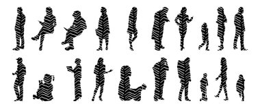 Vektör siluetleri, insanların ana hatları, Contour çizimleri, insanların siluetleri, ikon kümesi izole edilmiş, oturan insanların silueti, mimari set