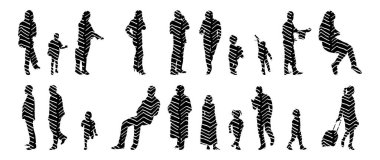 Vektör siluetleri, insanların ana hatları, Contour çizimleri, insanların siluetleri, ikon kümesi izole edilmiş, oturan insanların silueti, mimari set